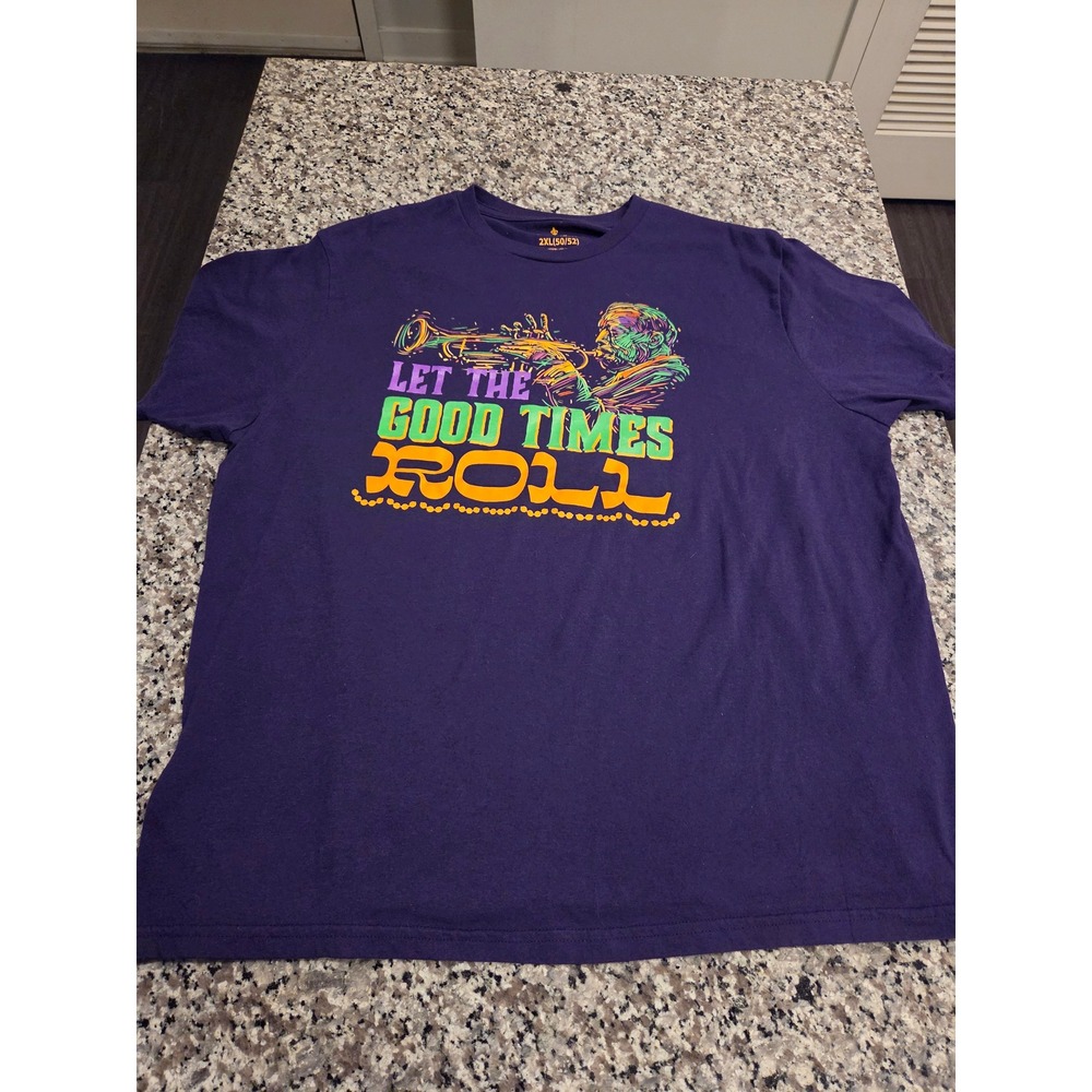 Mardi Gras Graphic T-Shirt Mens 2XL Purple Let The Good Times Roll Trumpet Jazz